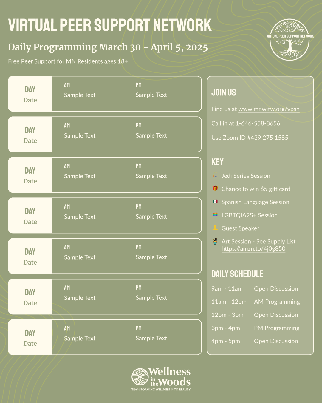 Monthly VPSN calendar template